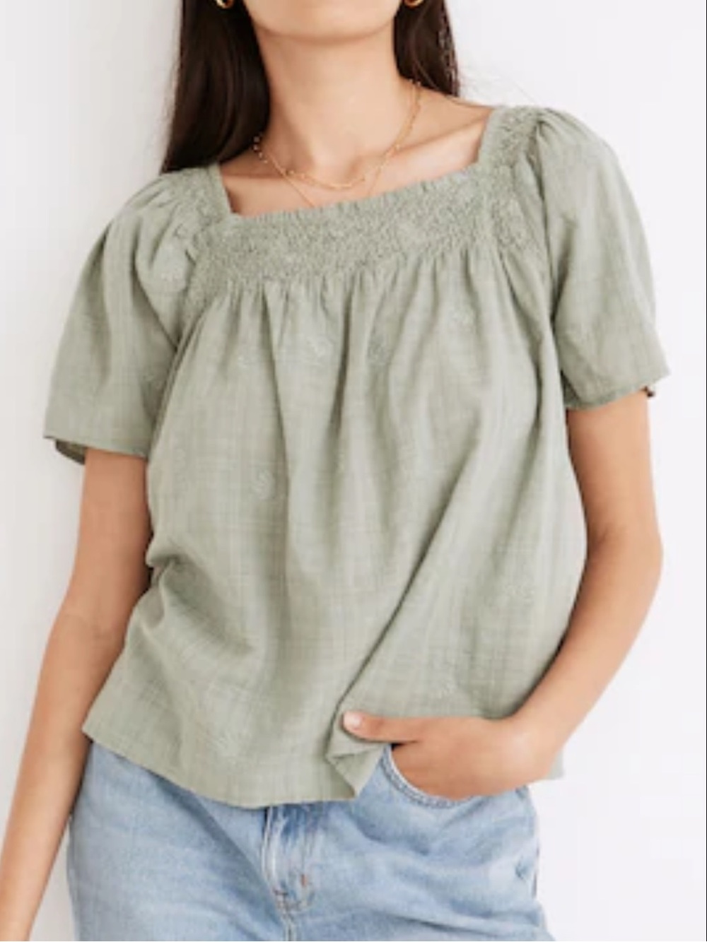 Madewell Smocked Top Dotted Vines Sage Green Large Natural Fall